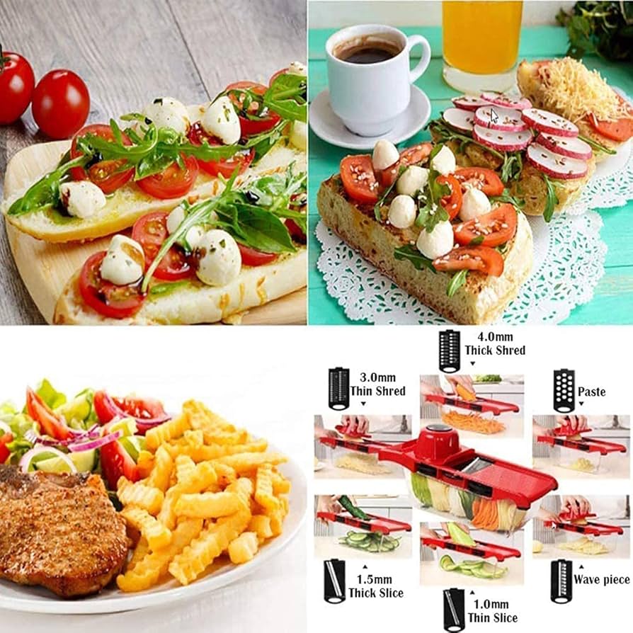 Problems Solved 6-in-1 professional kitchen mandolin with multiple blades for slicing, julienning, and grating vegetables.