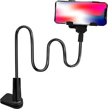 Problems Solved foldable cell phone and tablet holder with flexible arm and 360-degree clip mount, shown in a close-up view.