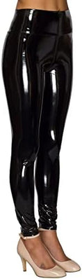 Women mirror faux patent leather leggings by Problems Solved, featuring reflective shiny stretch material and a form-fitting design.