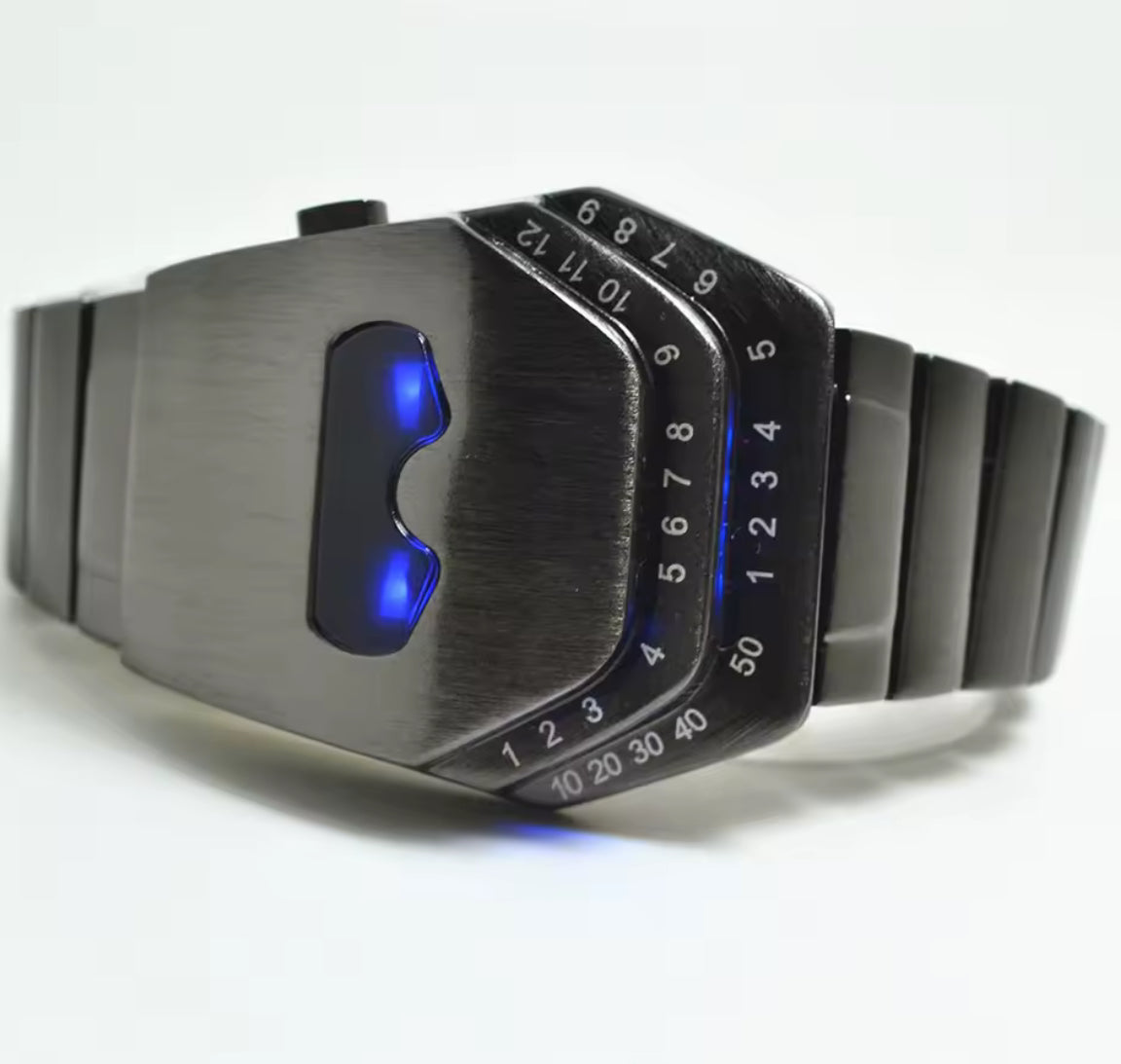 Personalized men's black LED watch with unique dial design by Problems Solved, showcasing the watch face and customizable features.