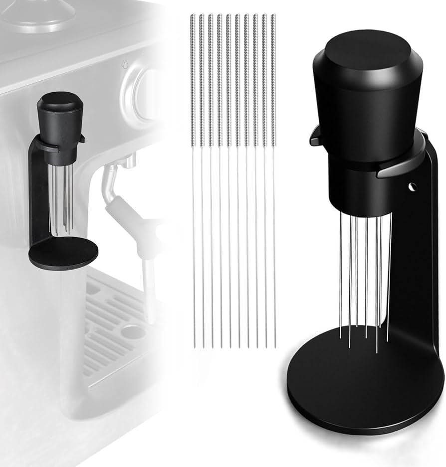 Problems Solved upgraded WDT tool with strong magnet for Breville Barista espresso coffee maker, showing the precision tool for tamping.