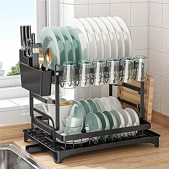 Black stainless steel 2-tier dish drainer with drip tray from Problems Solved, ideal for drying dishes and utensils.