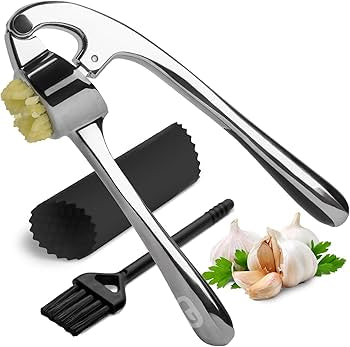 Problems Solved garlic and ginger press crusher tool, stainless steel garlic mincer and smasher on a white background