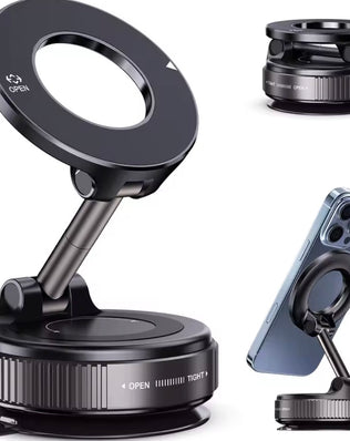 Problems Solved vacuum magnetic car phone holder with upgraded suction cup mount, securely attaching to vehicle dashboard or windshield.