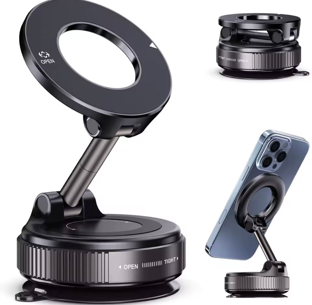 Problems Solved vacuum magnetic car phone holder with upgraded suction cup mount, securely attaching to vehicle dashboard or windshield.