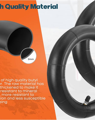 Problems Solved 8.5-inch inner tube for electric scooters, compatible with various scooter models, shown with valve stem and rubber exterior.