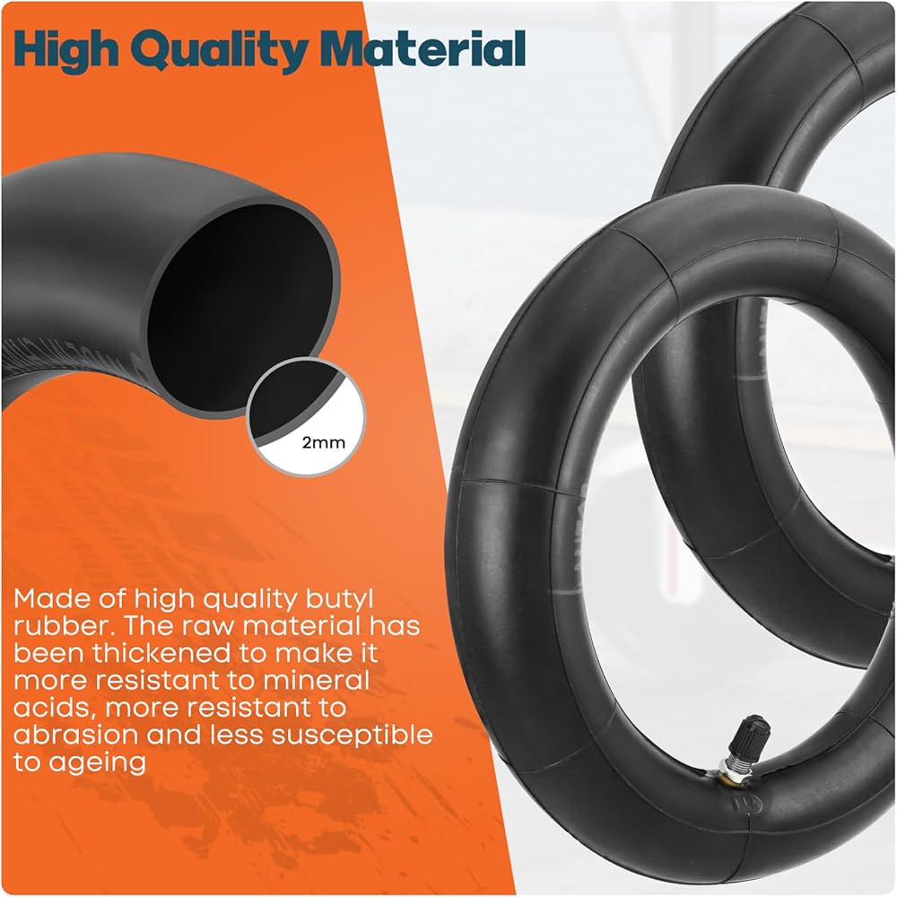 Problems Solved 8.5-inch inner tube for electric scooters, compatible with various scooter models, shown with valve stem and rubber exterior.