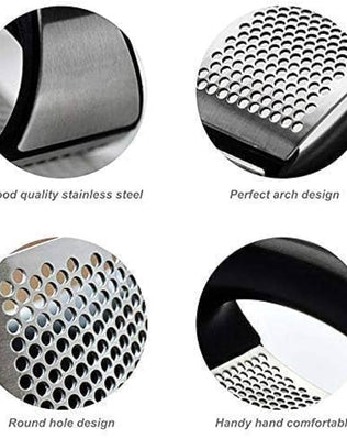 Problems Solved stainless steel garlic press with ergonomic handle and garlic crusher for easy mincing.