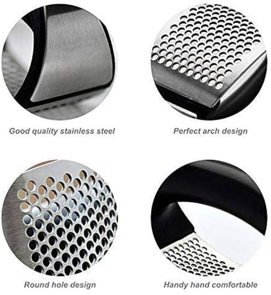 Problems Solved stainless steel garlic press with ergonomic handle and garlic crusher for easy mincing.