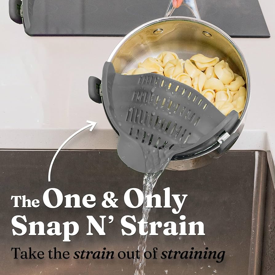 Problems Solved silicone pot strainer clip-on for pots and pans, heat-resistant kitchen pot drainer in use.