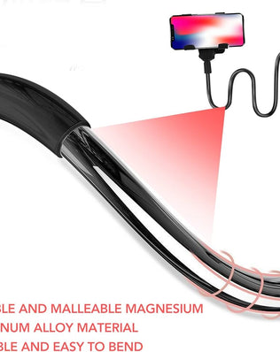 Problems Solved foldable cell phone and tablet holder with flexible arm and 360-degree clip mount, adjustable for easy viewing.