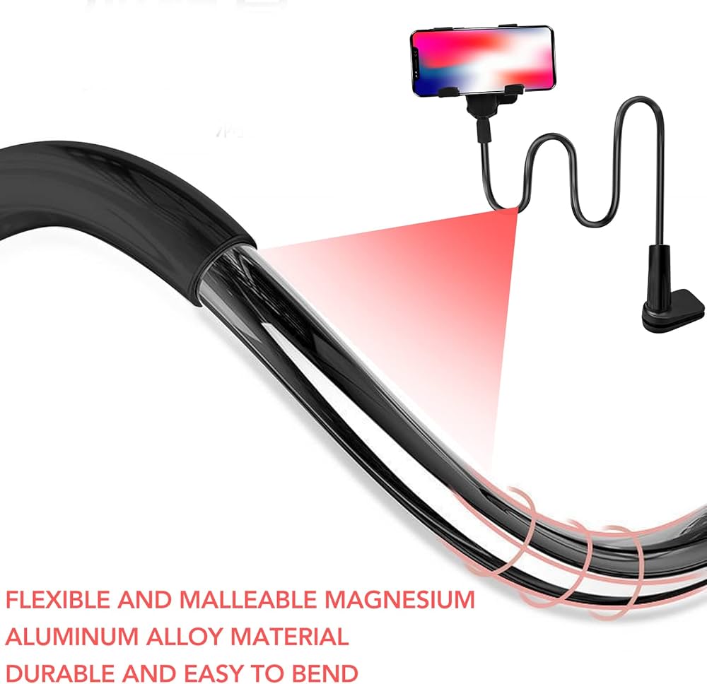 Problems Solved foldable cell phone and tablet holder with flexible arm and 360-degree clip mount, adjustable for easy viewing.