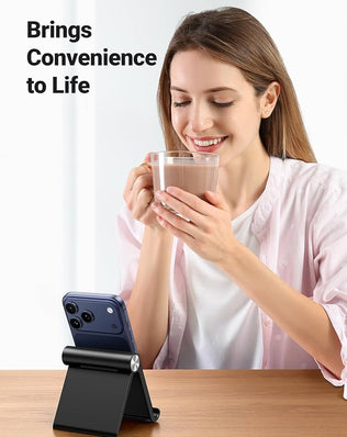 Problems Solved phone stand for desk, adjustable mobile phone holder for iPhone, sleek and stable desktop mount.