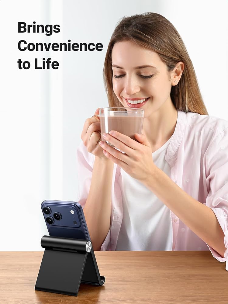 Problems Solved phone stand for desk, adjustable mobile phone holder for iPhone, sleek and stable desktop mount.