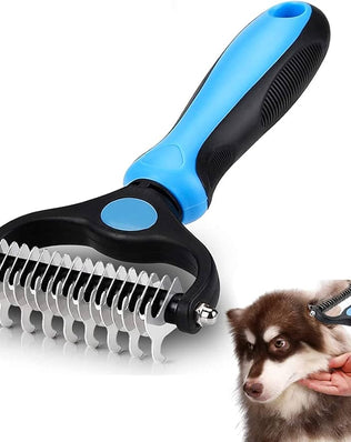 Problems Solved 2-in-1 pet grooming tool with dual-sided dematting comb for dogs and cats, featuring undercoat rake and wide teeth.