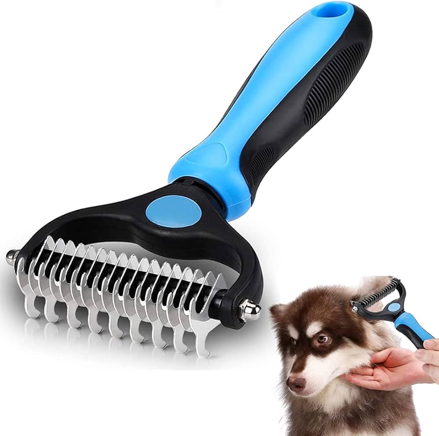 Problems Solved 2-in-1 pet grooming tool with dual-sided dematting comb for dogs and cats, featuring undercoat rake and wide teeth.