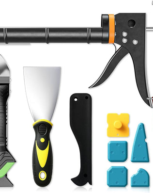 Problems Solved professional caulking gun kit with caulk removal tool and putty knife, 5-in-1 caulking tool set for sealing and repair.