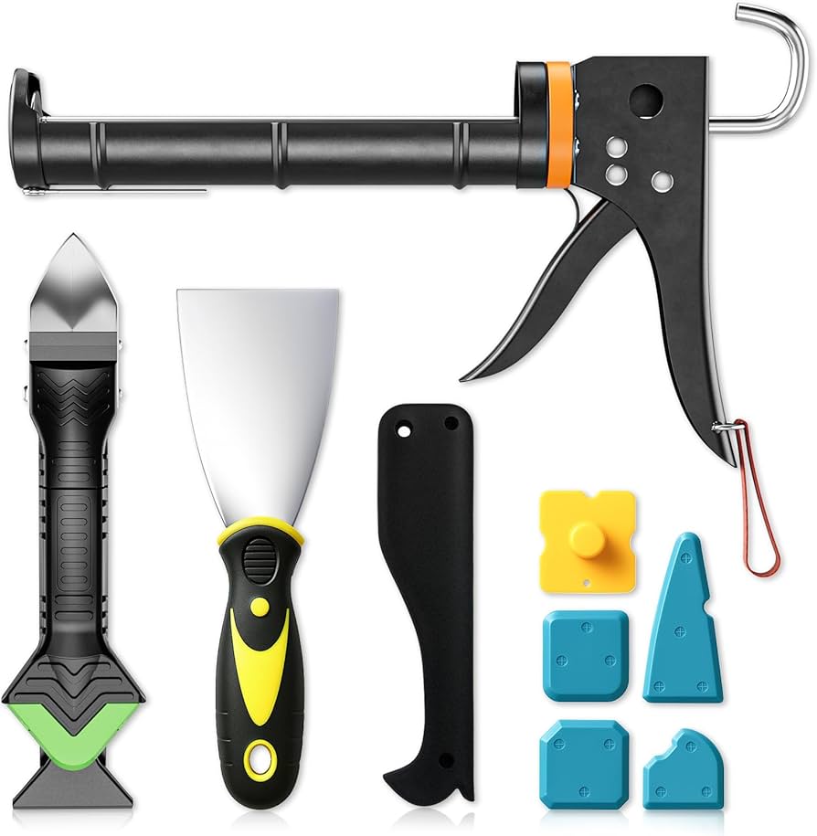 Problems Solved professional caulking gun kit with caulk removal tool and putty knife, 5-in-1 caulking tool set for sealing and repair.