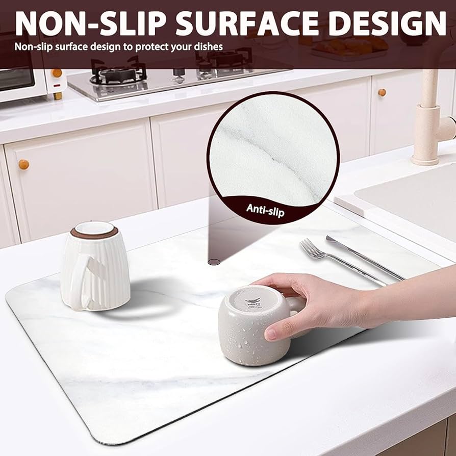 Problems Solved dish drying mat for kitchen counter, 24x16 inches, super absorbent, soft fabric with water-absorbing surface