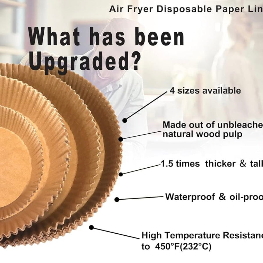 Large 10-inch Problems Solved air fryer disposable paper liner, round non-stick parchment liner for easy cleanup.