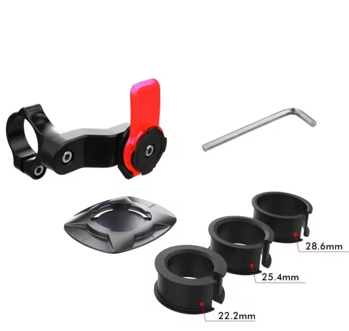 Adjustable Problems Solved motorcycle bike phone holder stand securely gripping a smartphone on a motorcycle handlebar.