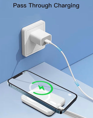 Wireless magnetic power bank by Problems Solved with 5000mAh capacity, showing the compact, portable charger attached to a smartphone.