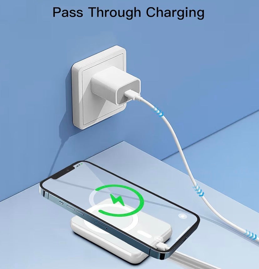 Wireless magnetic power bank by Problems Solved with 5000mAh capacity, showing the compact, portable charger attached to a smartphone.
