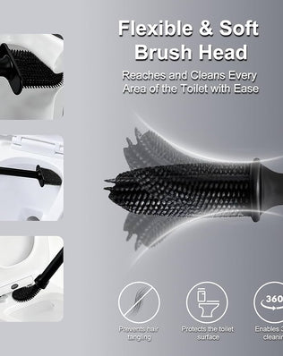 Toilet Brush and Holder with Flat Flexible Silcone Head & Durable and Flexible Bristles