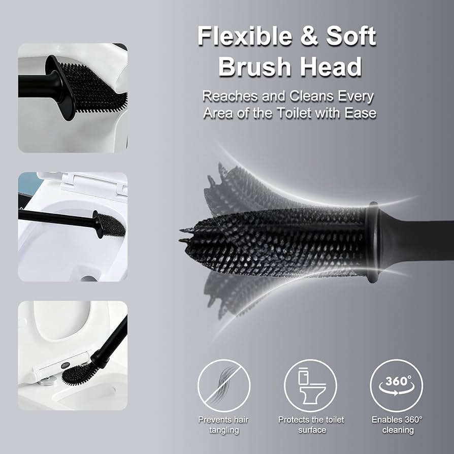 Toilet Brush and Holder with Flat Flexible Silcone Head & Durable and Flexible Bristles