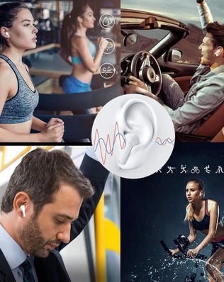 Wireless Bluetooth 5.0 earbuds by Problems Solved with noise cancelling design and sleek airbud style in black.