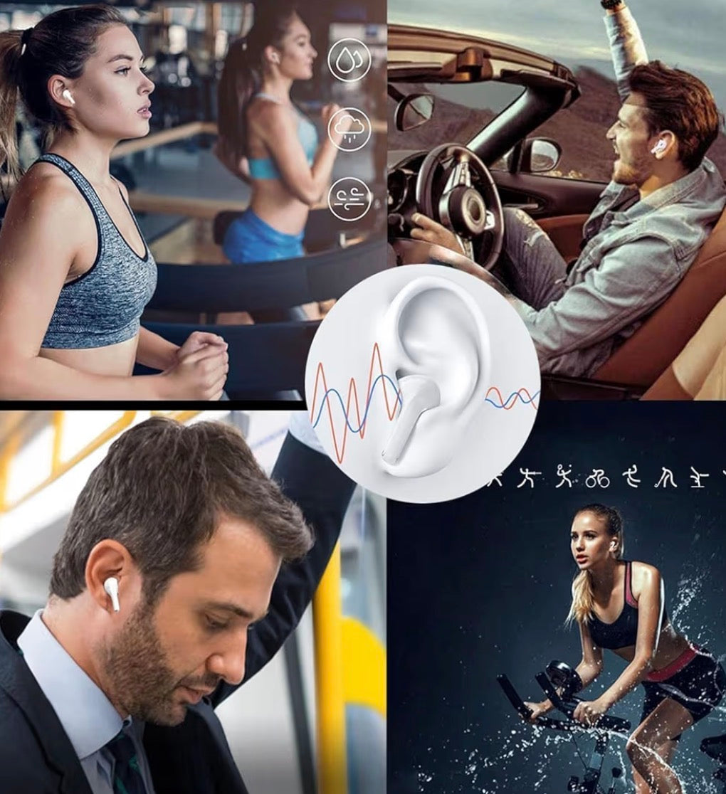 Wireless Bluetooth 5.0 earbuds by Problems Solved with noise cancelling design and sleek airbud style in black.