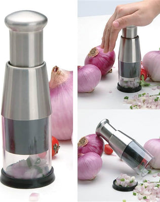 Problems Solved pressed garlic chopper with 16cm stainless steel garlic press and ergonomic handle on a white background.