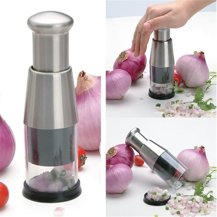 Problems Solved pressed garlic chopper with 16cm stainless steel garlic press and ergonomic handle on a white background.