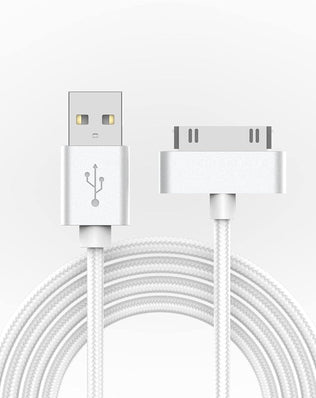 Problems Solved braided 1M iPhone USB charger cable for syncing and charging, silver color, durable and flexible design.