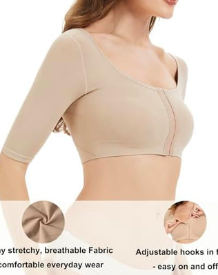 Problems Solved women's arm shaper with front closure, post-surgery lipo compression sleeve for contouring and support.
