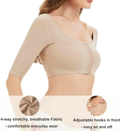 Problems Solved women's arm shaper with front closure, post-surgery lipo compression sleeve for contouring and support.