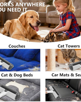 Reusable lint roller for pet hair by Problems Solved, showing sticky surface and handle for removing pet fur from clothing and furniture.