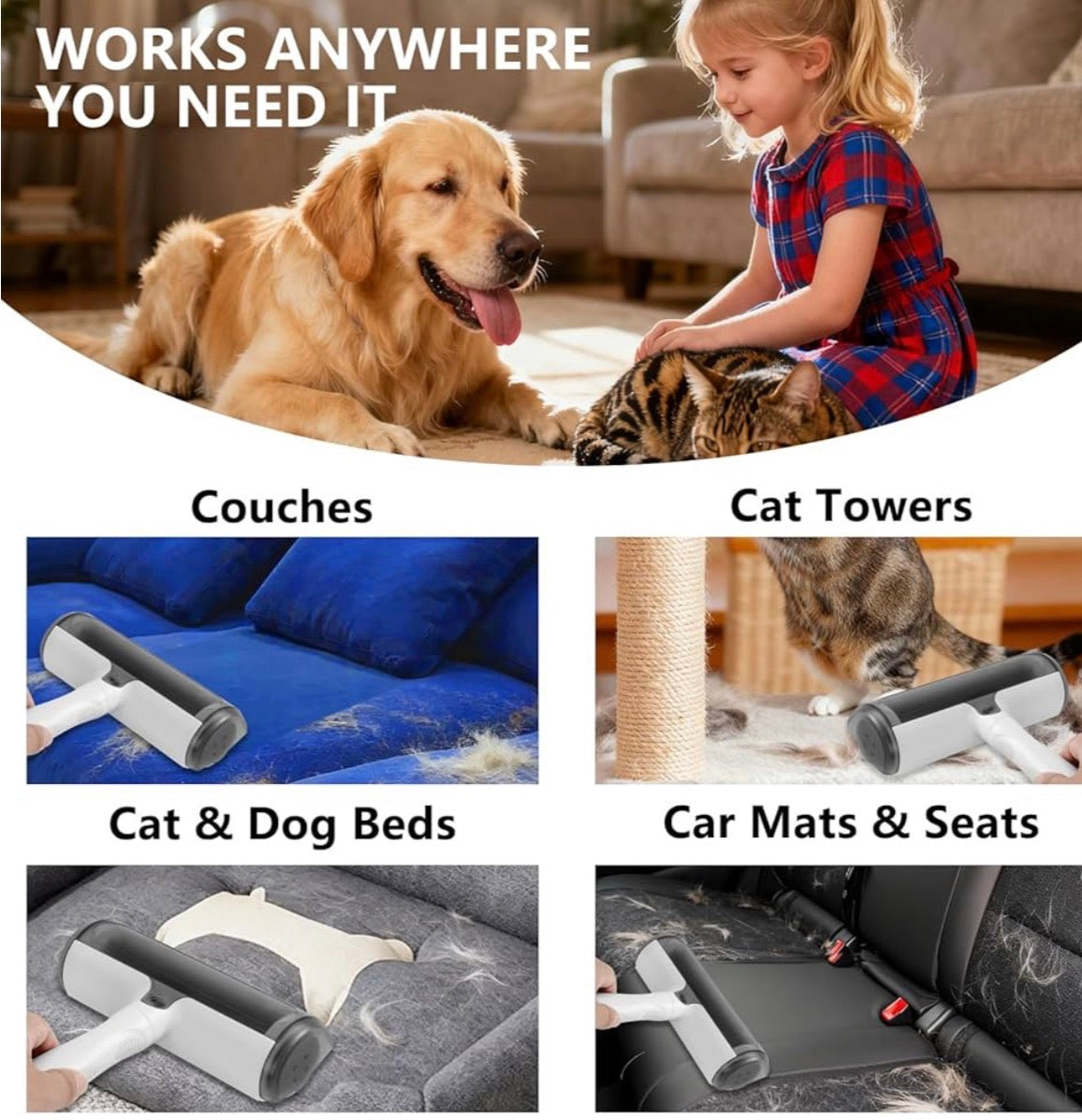 Reusable lint roller for pet hair by Problems Solved, showing sticky surface and handle for removing pet fur from clothing and furniture.