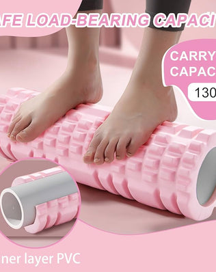 Pink Problems Solved Pilates foam roller with yoga column and fascia roller for muscle recovery and fascia release exercises.