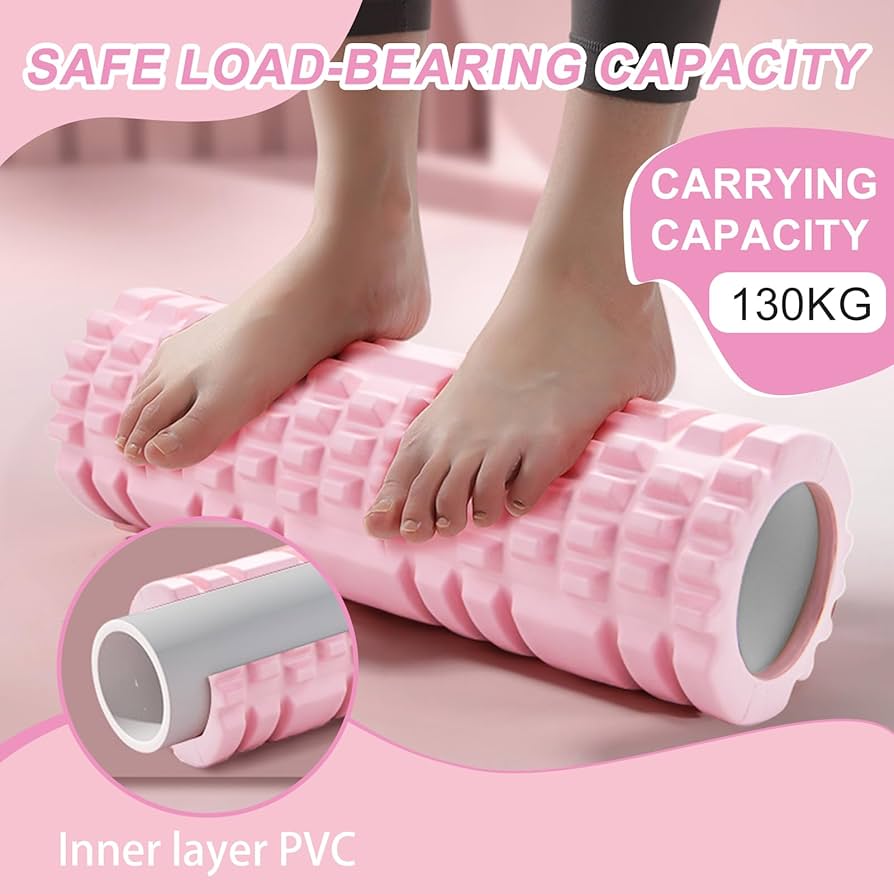 Pink Problems Solved Pilates foam roller with yoga column and fascia roller for muscle recovery and fascia release exercises.