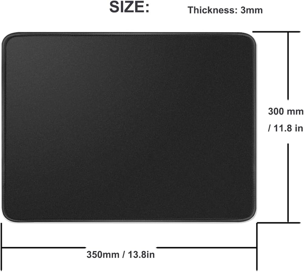 Problems Solved pure black mouse mat, 350x300mm with 3mm thickness and anti-slip rubber base for stable computer use.