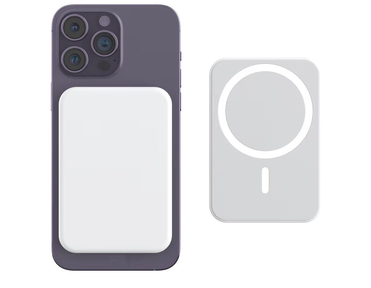 Wireless magnetic power bank by Problems Solved with 5000mAh capacity, portable charger with sleek design and magnetic attachment.