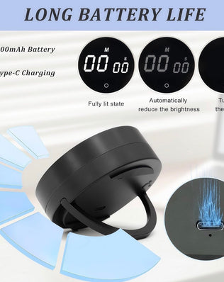 Digital kitchen timer with magnetic back from Problems Solved, 199-minute countdown and count-up feature on a white surface.