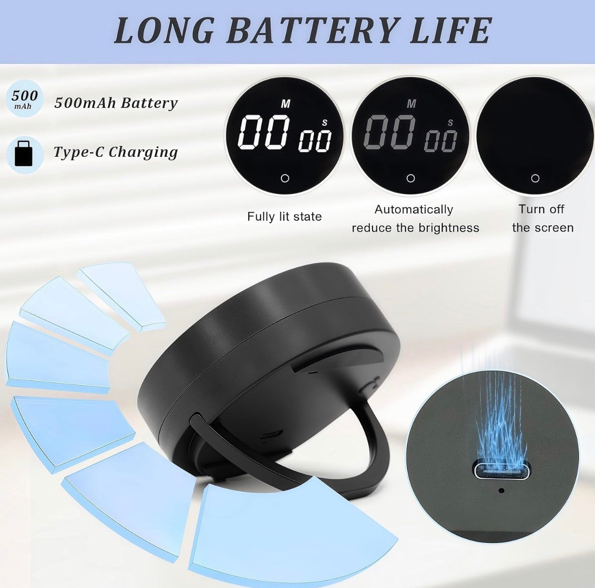 Digital kitchen timer with magnetic back from Problems Solved, 199-minute countdown and count-up feature on a white surface.