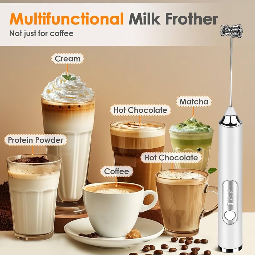 Problems Solved handheld rechargeable milk frother with stainless steel whisks for creamy coffee and latte frothing.