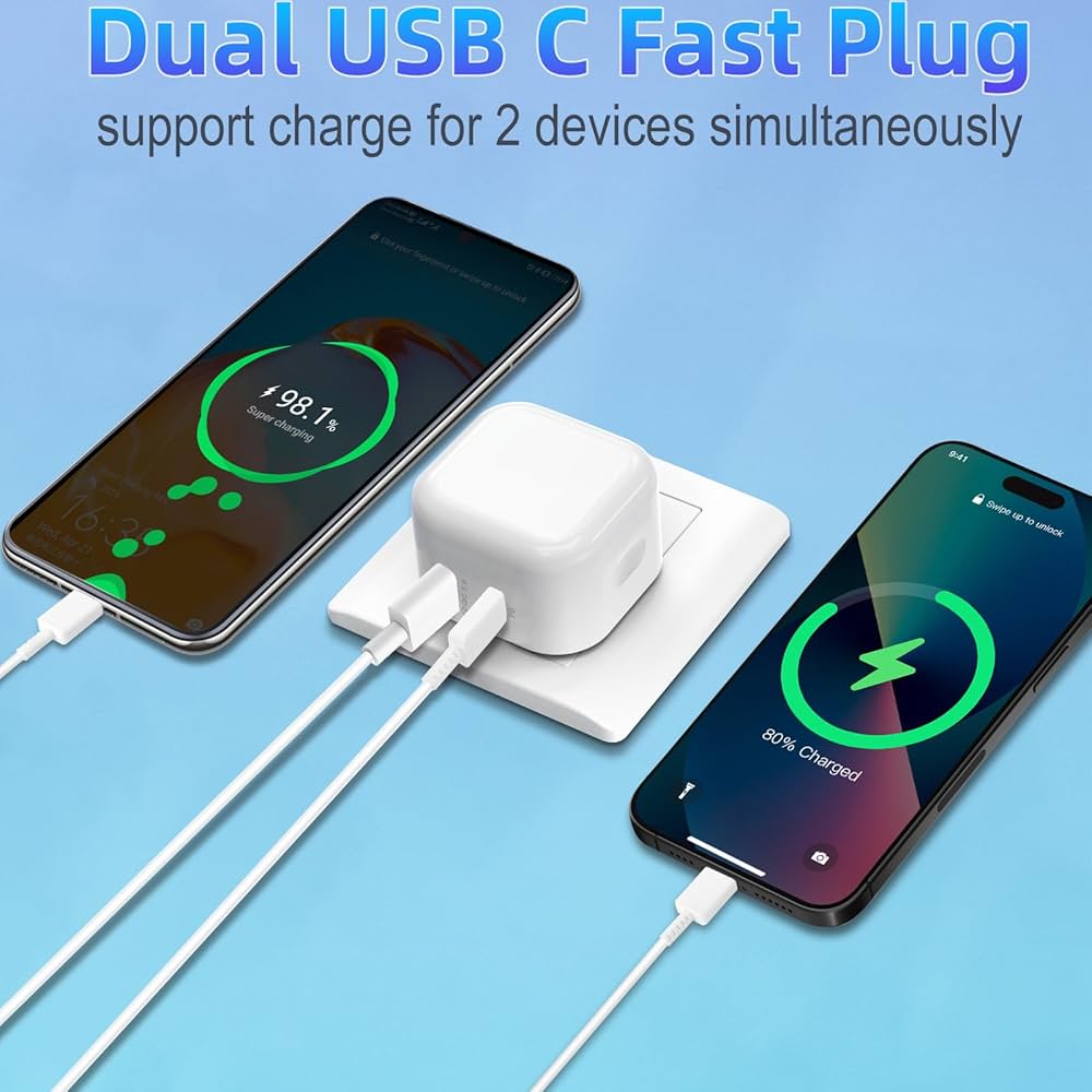 Problems Solved 20W USB C fast charger plug for iPhone, UK power adapter, compact and efficient charging device.