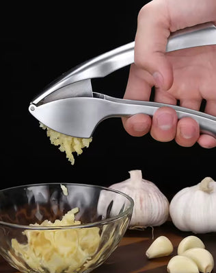 Problems Solved stainless steel garlic press and crusher, manual garlic mincer with ergonomic handle for effortless garlic crushing.