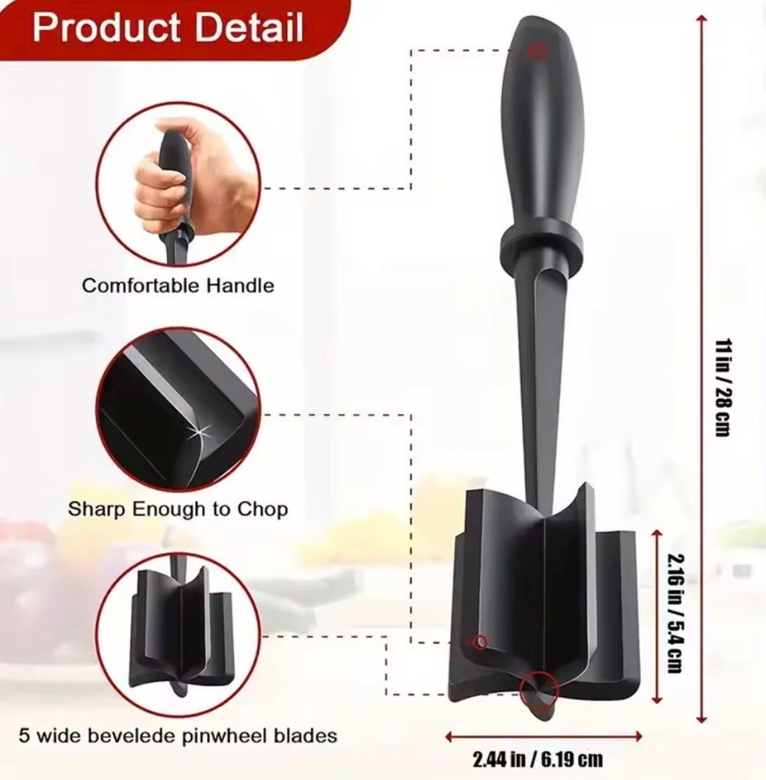 Problems Solved meat chopper and shredder with heat-resistant handle, ideal for easily shredding cooked meats and ingredients.