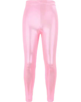 Kids girls shiny dance pants from Problems Solved, designed for gymnastics and dance, featuring a sleek, reflective fabric.