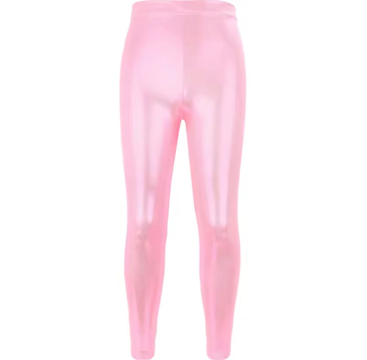 Kids girls shiny dance pants from Problems Solved, designed for gymnastics and dance, featuring a sleek, reflective fabric.